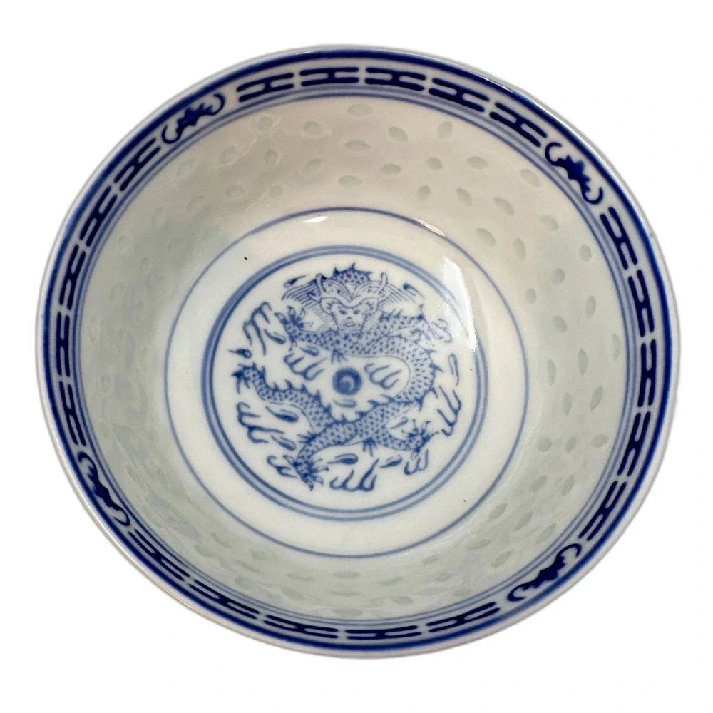 Vintage Chinese Rice Grain Porcelain Dragon Bowls Blue White Jingdezhen Set 4